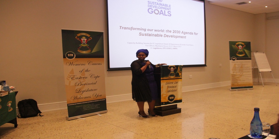 Siziwe Jongizulu, UNFPA’s National Programme Officer in the Eastern Cape, presenting on the Sustainable Development Goals (SDGs).