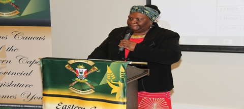 Speaker of Eastern Cape Legislature, Honourable Noxolo Kiviet at the podium