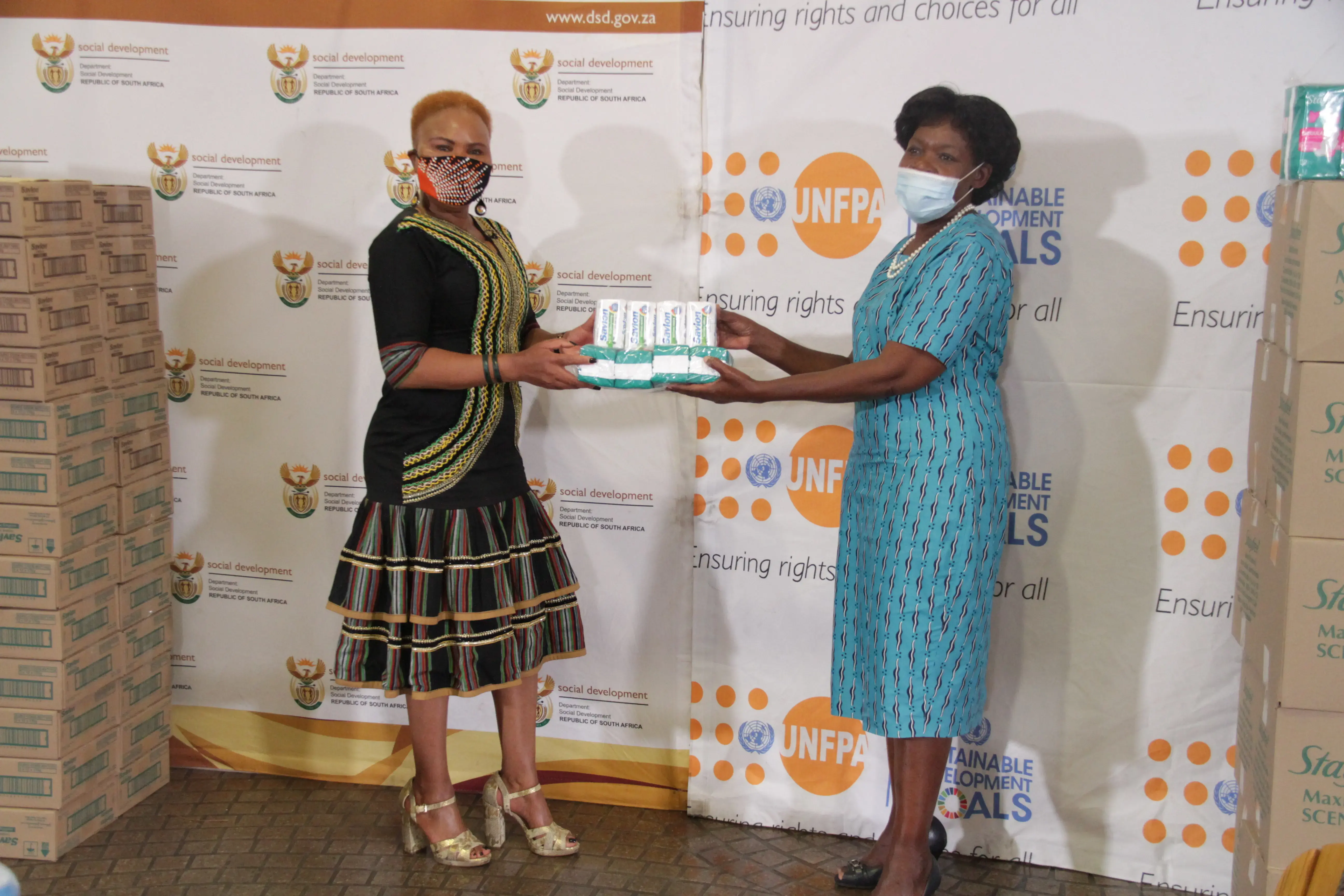 UNFPA donates sanitary towels soap and masks to the Ministries of Social Development (DSD) and Women, Youth and People with Disabilities (DWYPD)